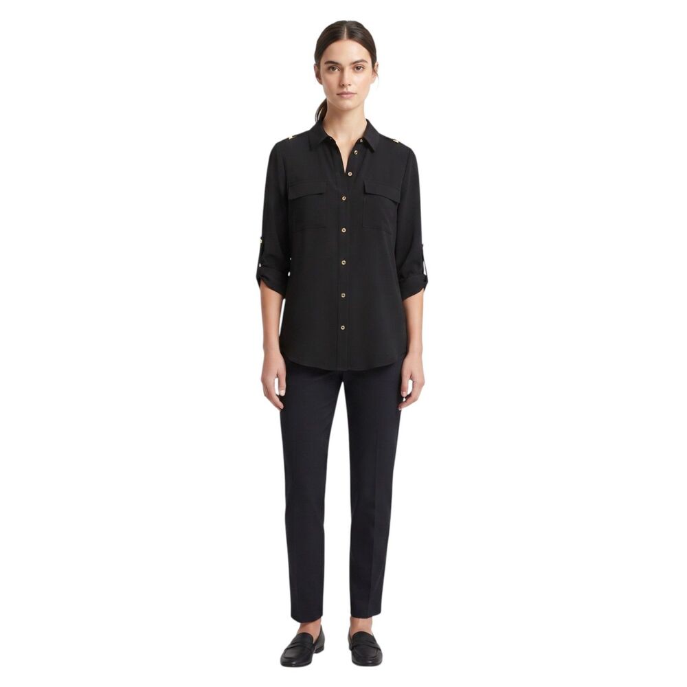 Grace The Perfect Fit Black Roll-Tab Sleeve Button-Up Shirt